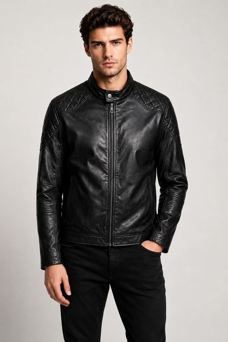 Blouson noir homme similicuir doublé fourrure PATEL