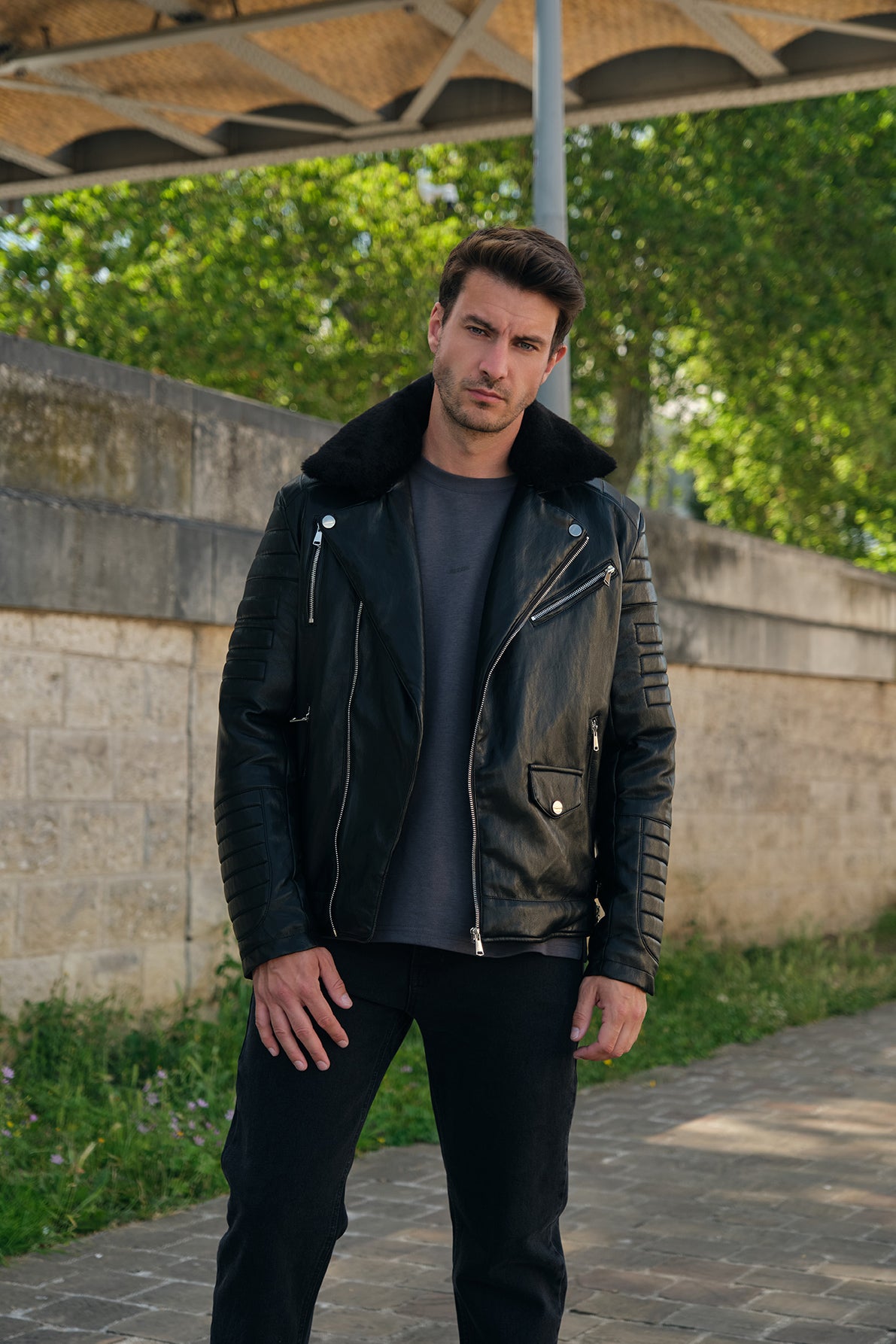 Blouson biker noir similicuir à col fourrure LEONARD