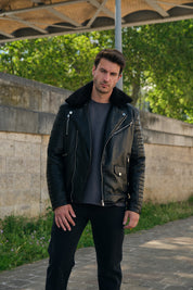 Blouson biker noir similicuir à col fourrure LEONARD