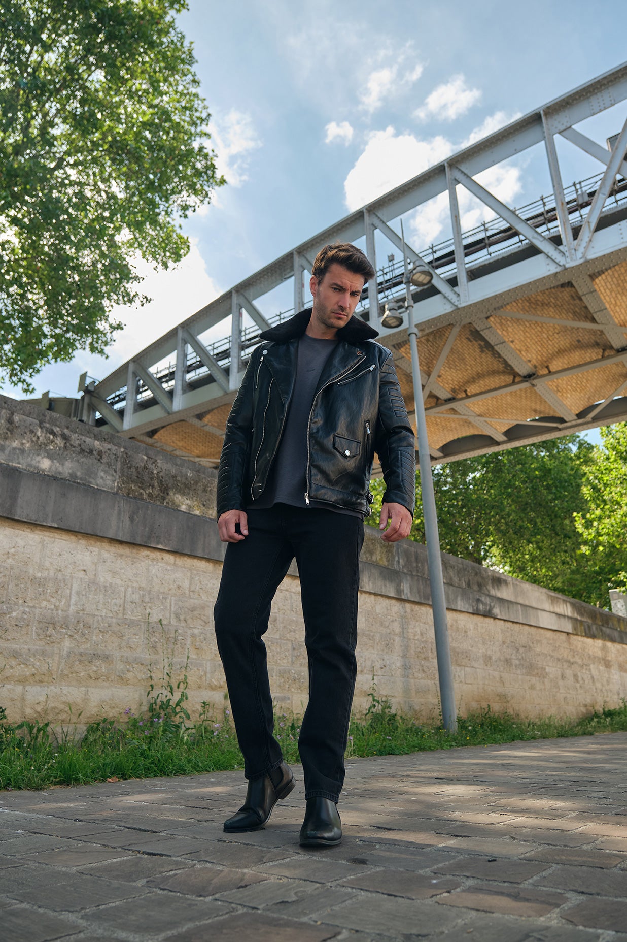 Blouson biker noir similicuir à col fourrure LEONARD