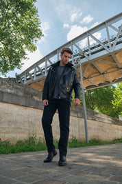 Blouson biker noir similicuir à col fourrure LEONARD