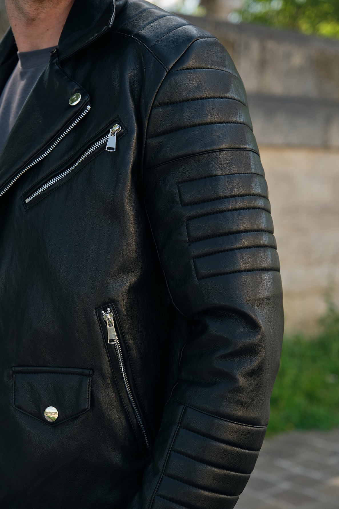 Blouson biker noir similicuir à col fourrure LEONARD