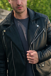 Blouson biker noir similicuir à col fourrure LEONARD
