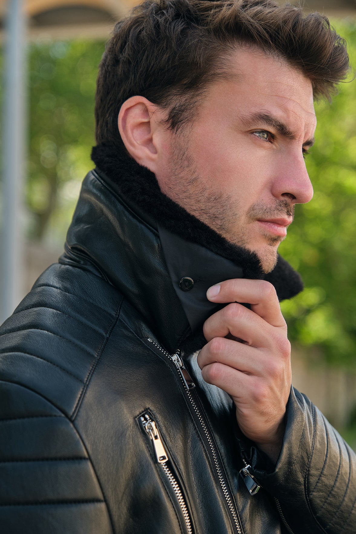Blouson biker noir similicuir à col fourrure LEONARD