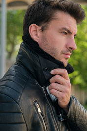 Blouson biker noir similicuir à col fourrure LEONARD