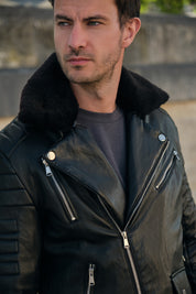Blouson biker noir similicuir à col fourrure LEONARD