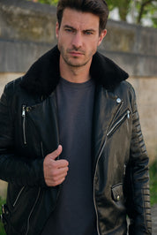 Blouson biker noir similicuir à col fourrure LEONARD