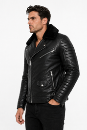 Blouson biker noir similicuir à col fourrure LEONARD