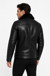 Blouson biker noir similicuir à col fourrure LEONARD