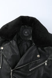 Blouson biker noir similicuir à col fourrure LEONARD