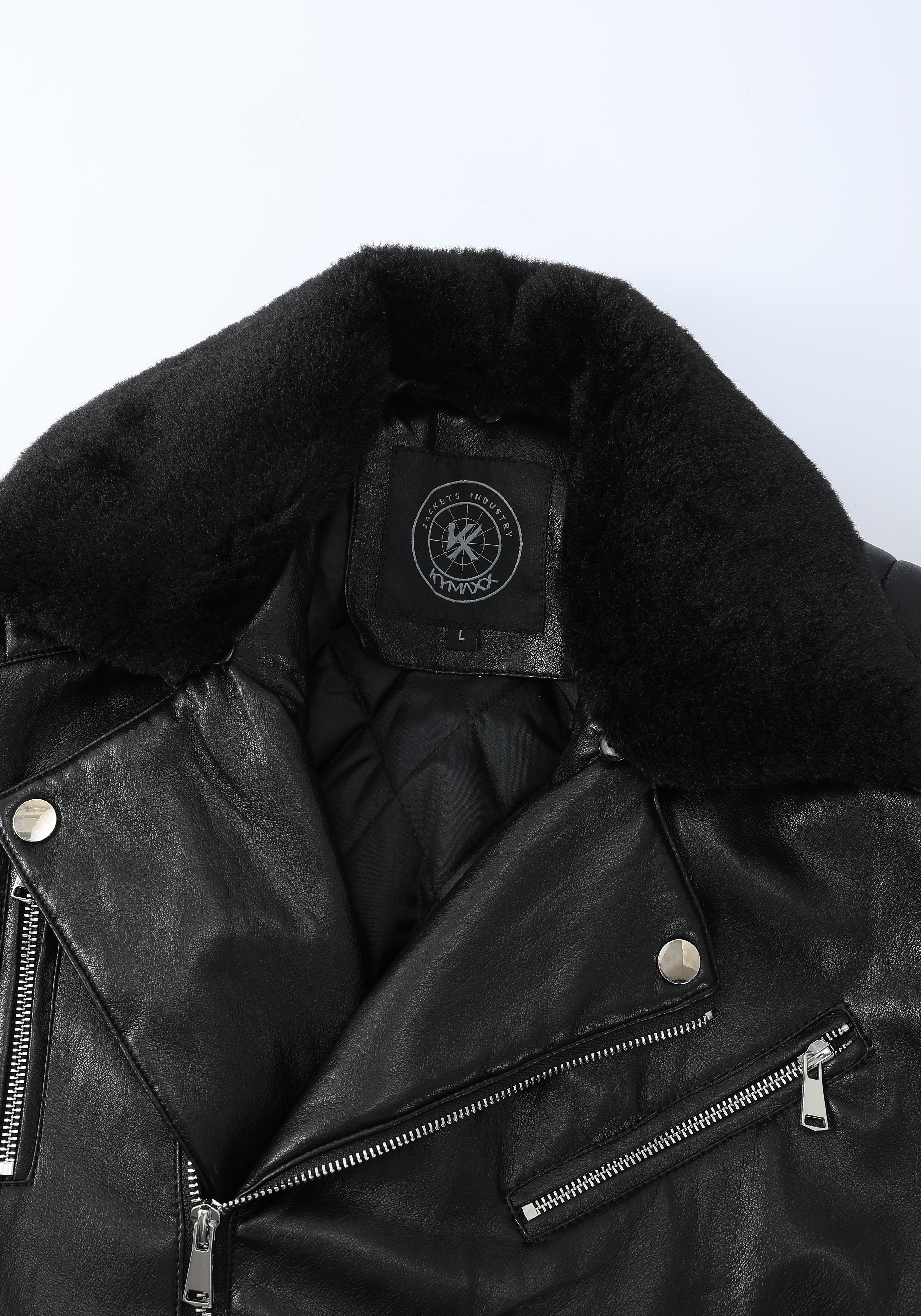 Blouson biker noir similicuir à col fourrure LEONARD