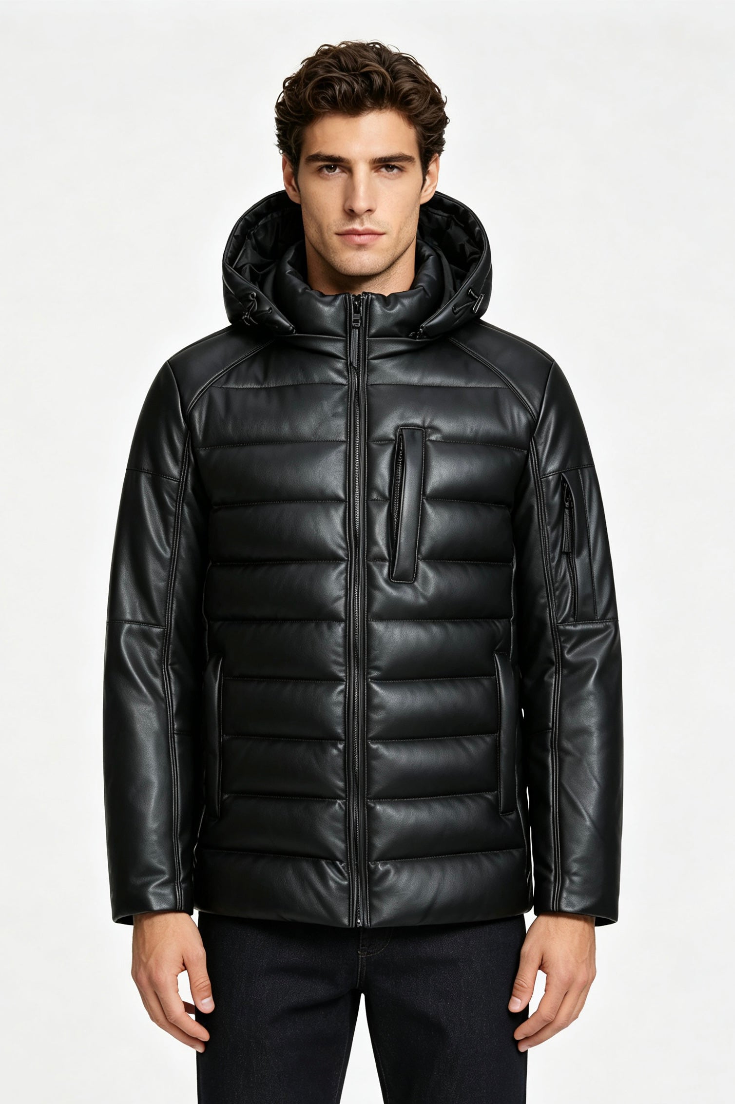Doudoune noire homme matelassée aspect cuir THÉODORE