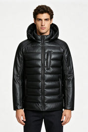 Doudoune noire homme matelassée aspect cuir THÉODORE
