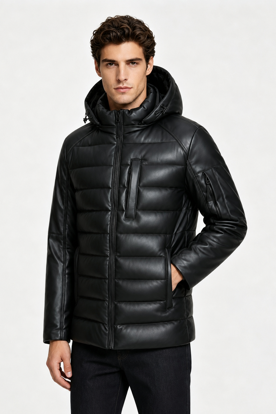 Doudoune noire homme matelassée aspect cuir THÉODORE