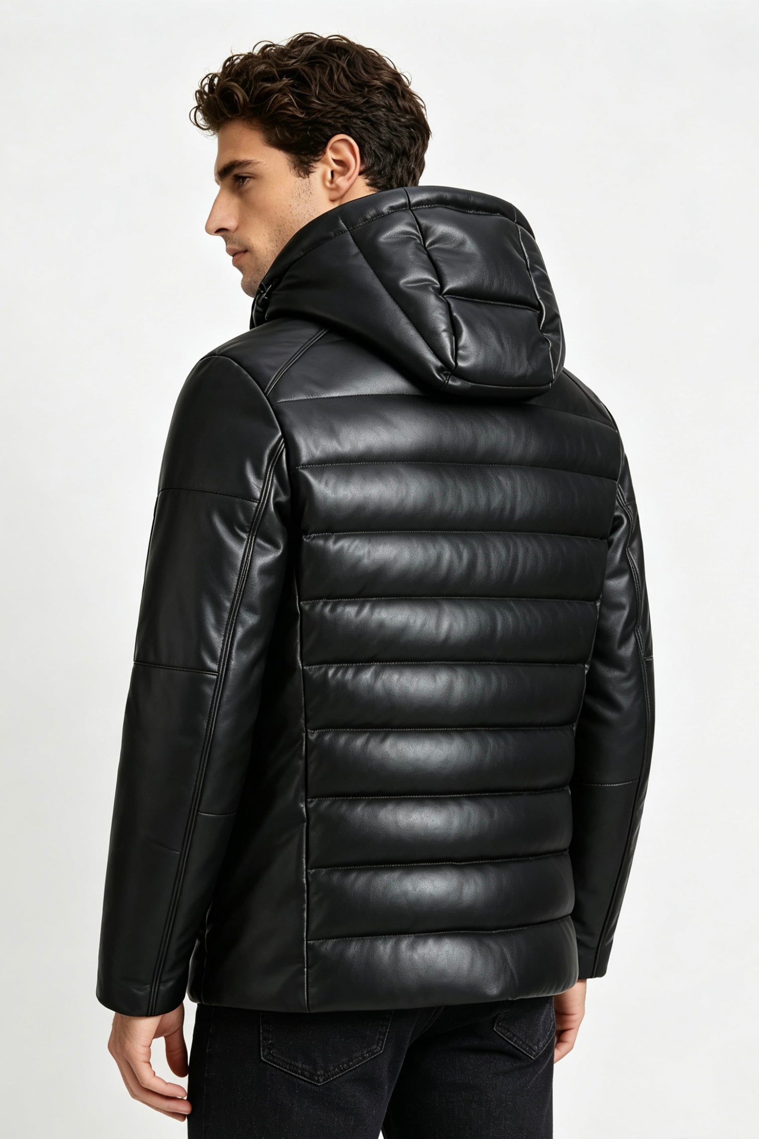 Doudoune noire homme matelassée aspect cuir THÉODORE