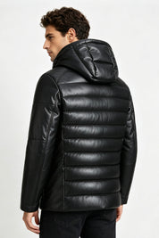 Doudoune noire homme matelassée aspect cuir THÉODORE