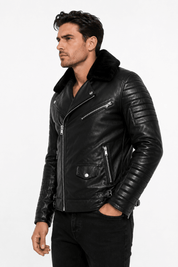 Blouson biker noir similicuir à col fourrure LEONARD