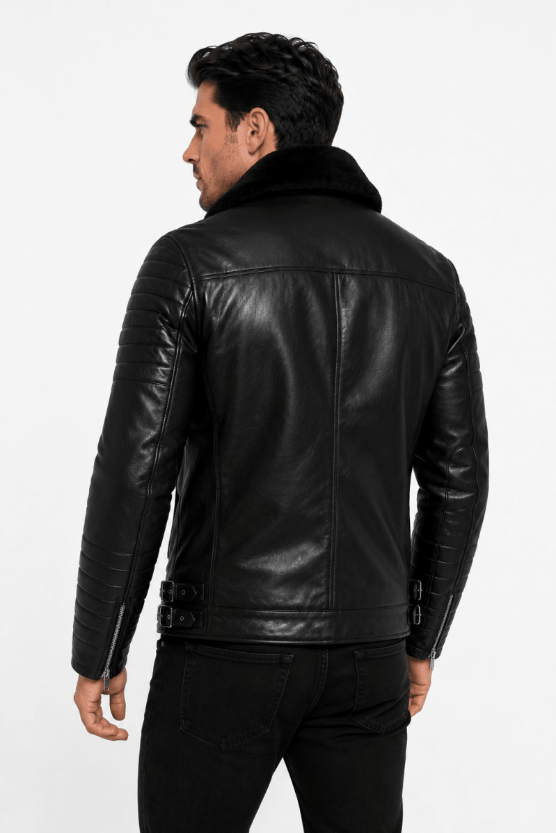 Blouson biker noir similicuir à col fourrure LEONARD