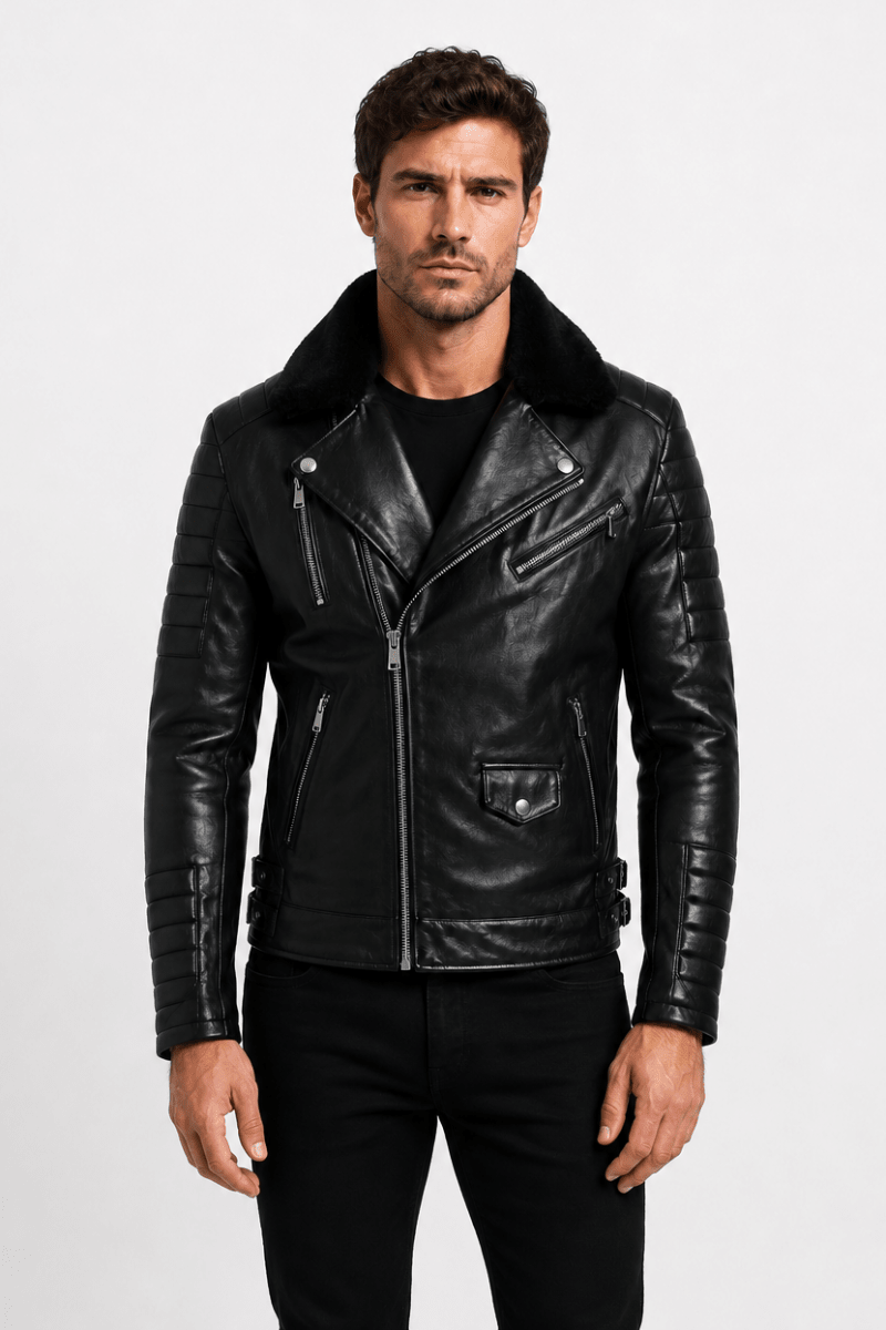 Blouson biker noir similicuir à col fourrure LEONARD
