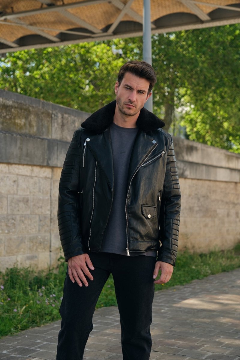 Blouson biker noir similicuir à col fourrure LEONARD