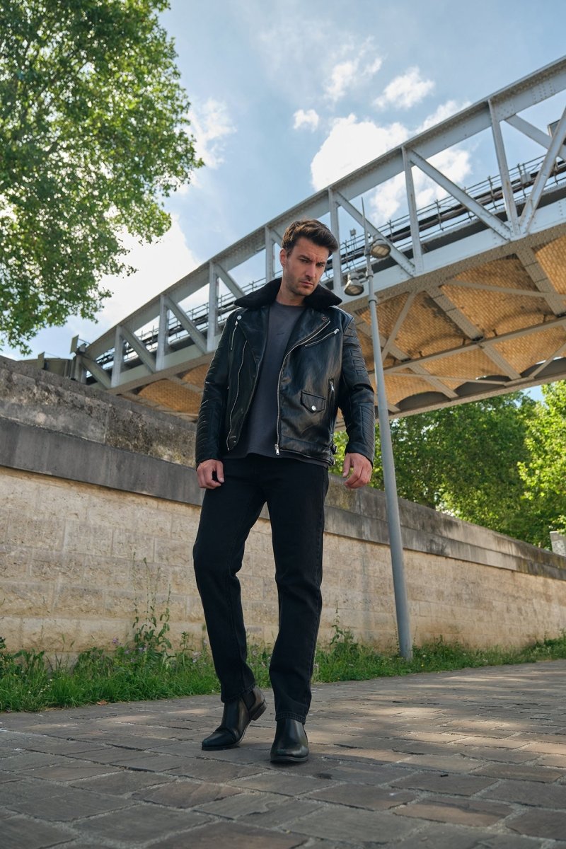Blouson biker noir similicuir à col fourrure LEONARD