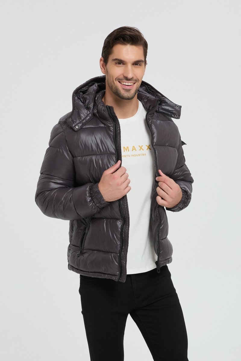 Doudoune Homme Gris Foncé Brillante avec Capuche ALBIN