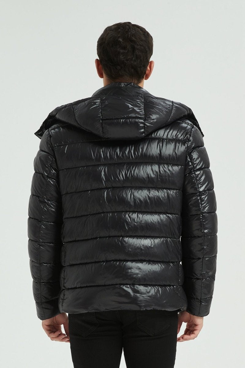 Doudoune Homme Hiver Brillante NOIR avec Capuche et Zip Tricolore