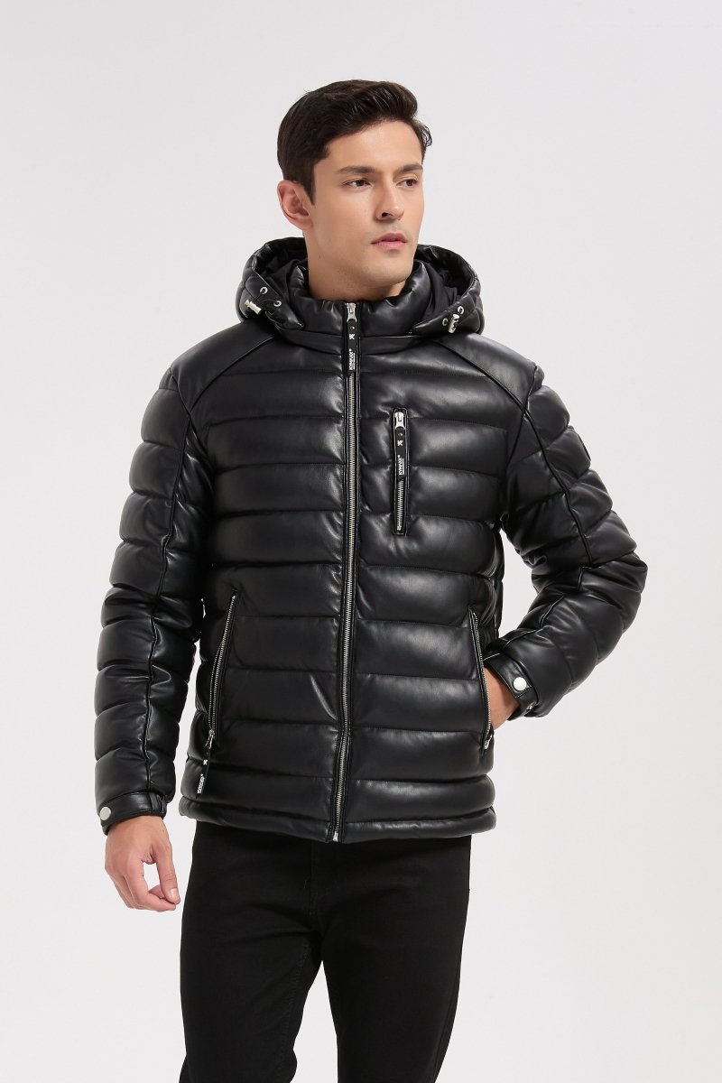Doudoune noire homme matelassée aspect cuir YVES