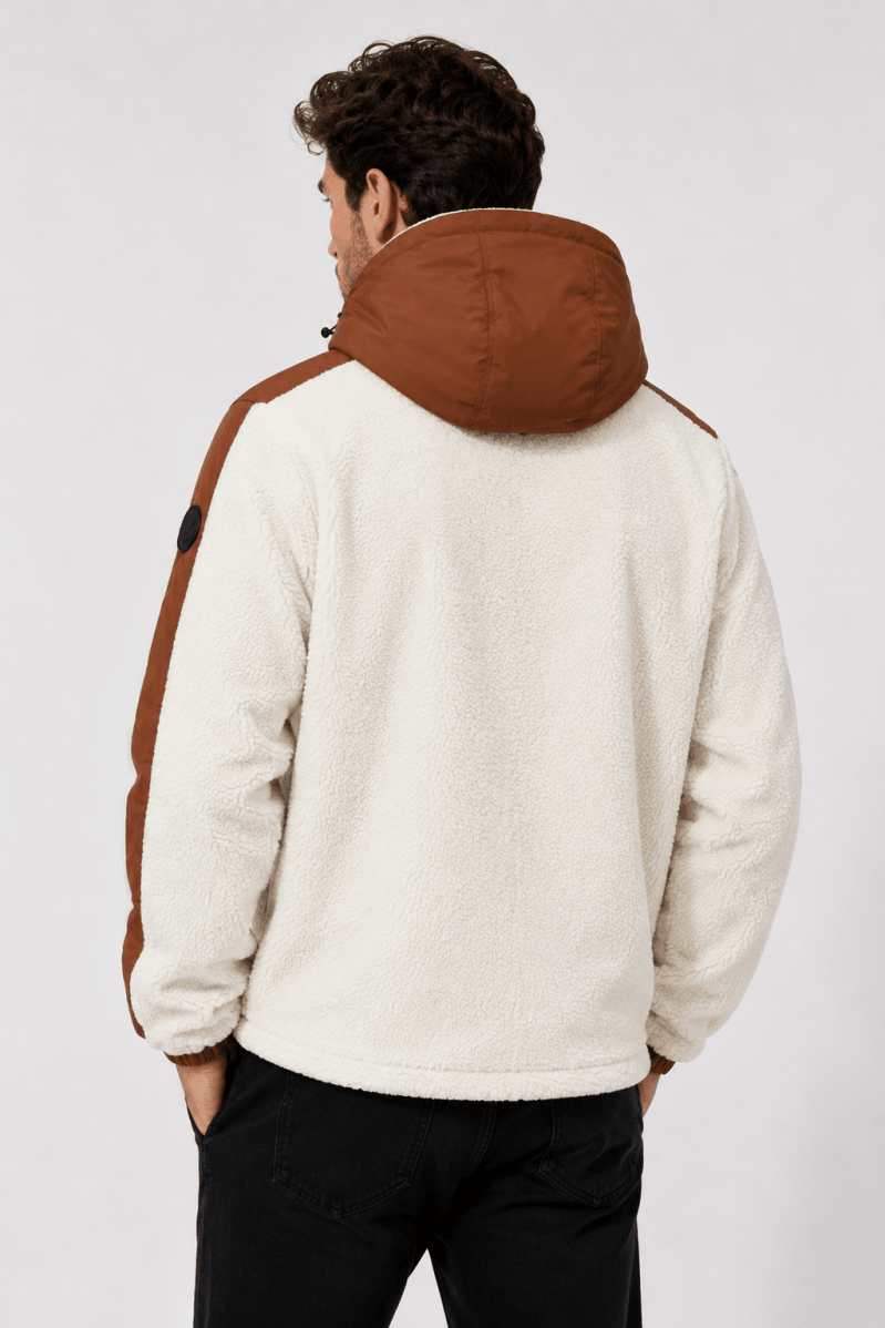 Doudoune polaire écrue et camel homme à capuche DUFFY