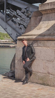 Blouson biker noir similicuir à col fourrure LEONARD