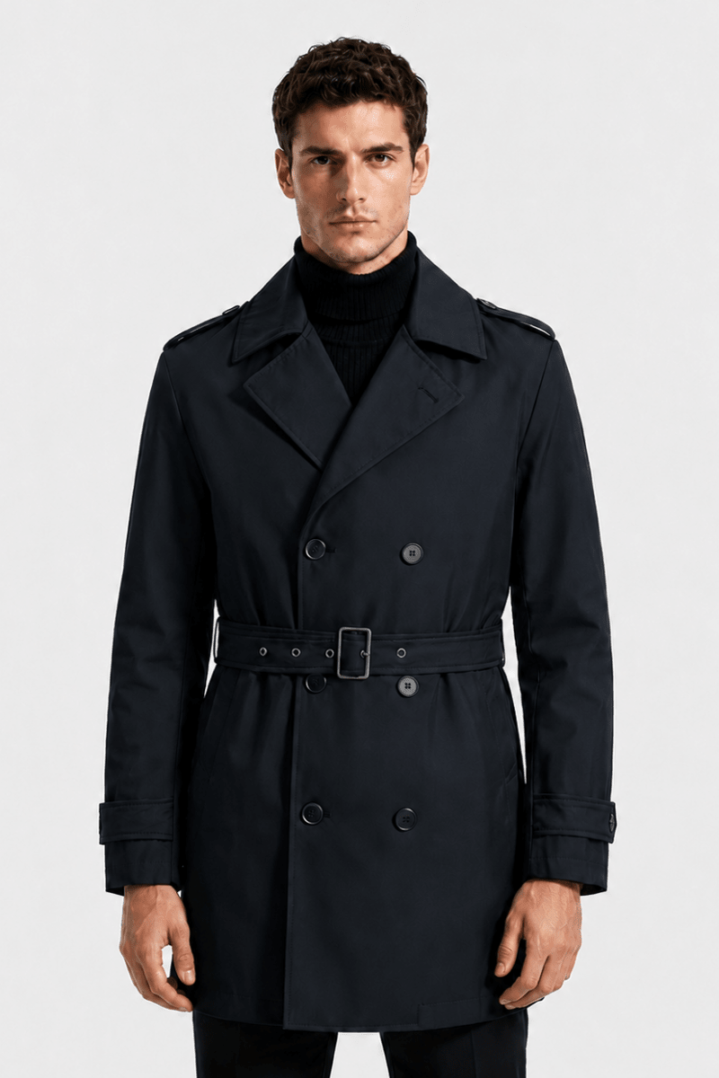 Trench-coat bleu foncé homme long et ceinturé NEWMAN