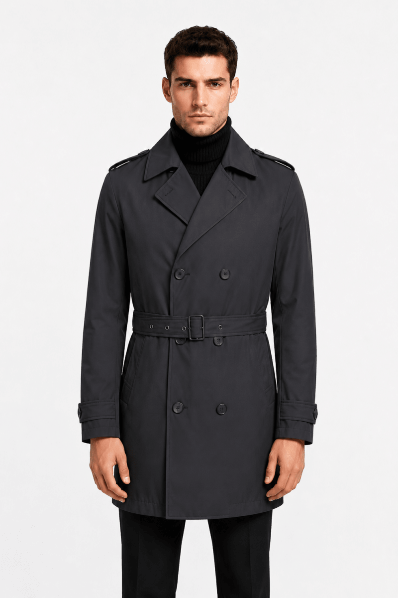 Trench-coat gris foncé homme long et ceinturé NEWMAN